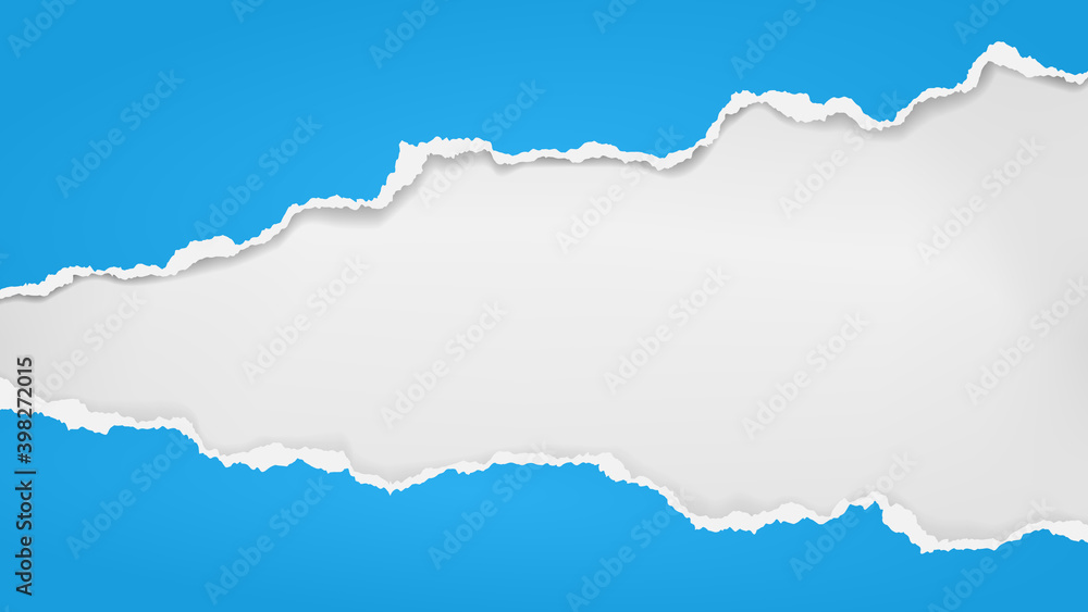 Piece of torn, ripped blue paper with soft shadow are on white background for text. Vector illustration