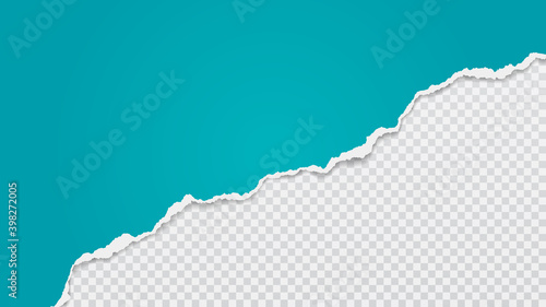 Piece of torn, ripped turquoise paper with soft shadow are on white transparent background for text. Vector illustration