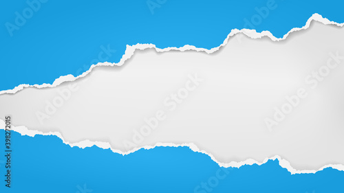 Piece of torn, ripped blue paper with soft shadow are on white background for text. Vector illustration