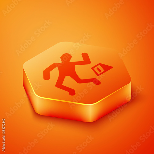 Isometric Crime scene icon isolated on orange background. Orange hexagon button. Vector.