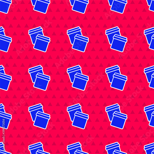 Blue Plastic bag with ziplock icon isolated seamless pattern on red background. Vector.