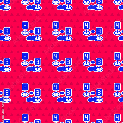 Blue Marker of crime scene icon isolated seamless pattern on red background. Vector.