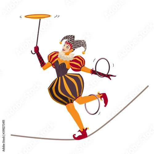Female circus artist character in colorful suit and jester hat balancing on the rope and spinning plate and hoops. Tightrope walker. Isolated on white. Cartoon vector illustration.