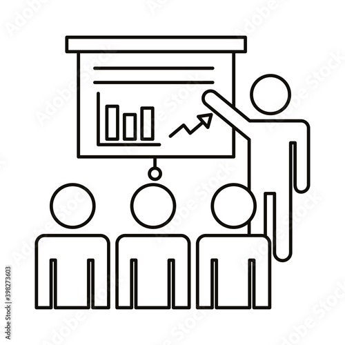 four workers training with statistics coworking line style icon
