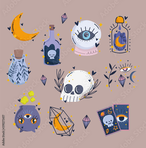 magic objects for rituals, bottle of magical potion skull tarot and cauldron