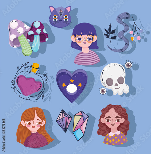 magic fantasy skull cat girl spell bottle snake icons collection cartoon