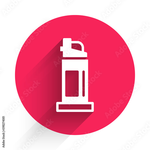 White Pepper spray icon isolated with long shadow. OC gas. Capsicum self defense aerosol. Red circle button. Vector.