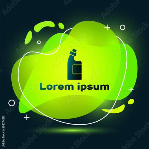 Black Plastic bottle for laundry detergent, bleach, dishwashing liquid or another cleaning agent icon isolated on black background. Abstract banner with liquid shapes. Vector.