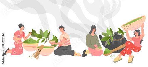 Banner with ceremony of drinking green and Matcha tea, flat vector illustration. People enjoying flavor of green natural organic tea among teaware and leaves.