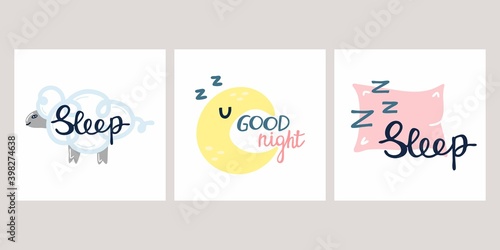 Night posters collection. Hand drawn lettering short phrases set, bedtime with moon, speep and pillow, cute childish print vector cartoon inspirational illustration for kids nursery
