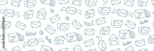 Envelopes doodle web banner. Hand drawn cute mails and letters, documents and package, vintage correspondence, delivery service and post office blue vector elements on white horizontal background