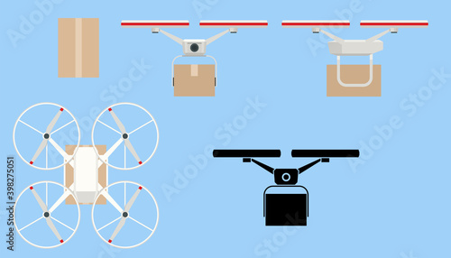 Drone delivery. Quadcopter carrying a package to customer. Delivery of a cardboard box drone by air isolated on white background. Front view, Back view, Top view