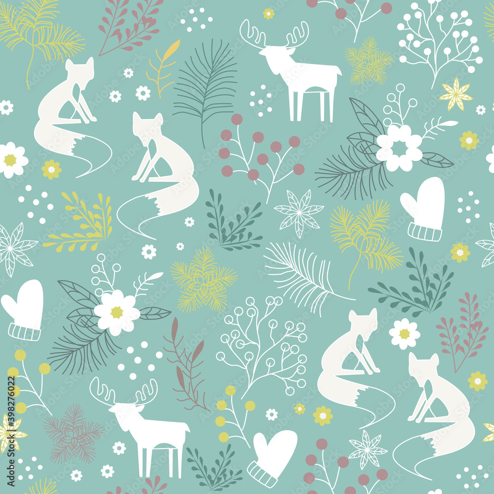 Scandinavian Christmas seamless pattern with fox and deer. Vector illustration of forest life. Children's cartoony background.