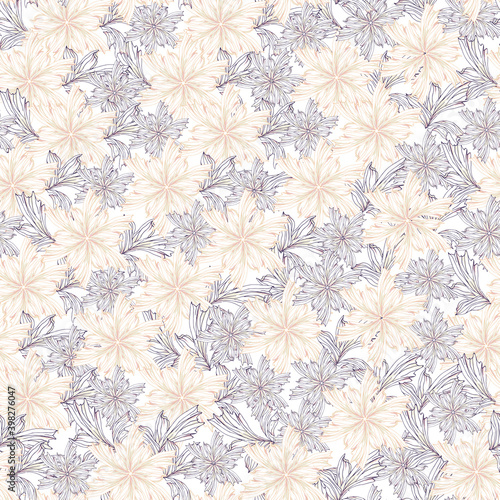Exquisite floral print, seamless pattern with contour flowers in French style. Elegant vector background for fabric.
