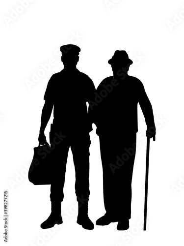 Silhouette policeman helping grandfather