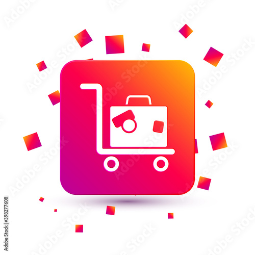 White Hotel luggage cart with suitcase icon isolated on white background. Traveling baggage sign. Travel luggage icon. Square color button. Vector.