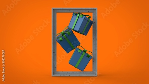 New Year and Christmas blue gift box with green ribbon on orange background with marble frame 3d render illustration