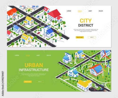 City district - set of colorful isometric web banners