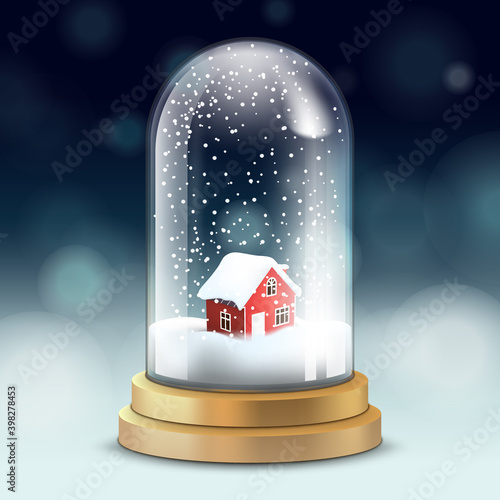 Glass crystal flask, snowball with snowy house, falling snow, realistic holiday christmas decorations, vector illustration