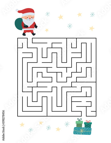 Christmas maze game for children. Help Santa find way to presents. Vector cartoon character. Winter holiday printable worksheet.