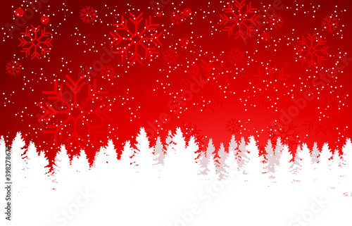 Snowing on Pine trees ,Red Christmas Background with Snowflakes illustration vecter.