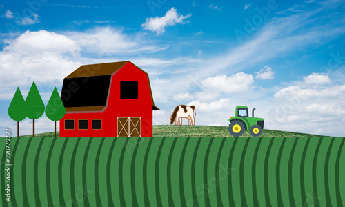 Roter Bauernhof und grüner Traktor vor grünem Feld und einer Kuh und Wolkenhimmel im Hintergrund