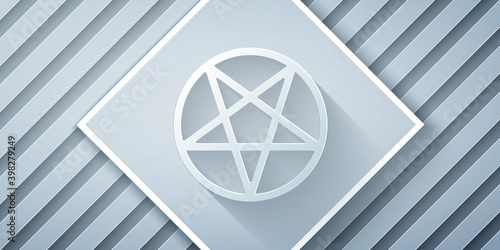 Paper cut Pentagram in a circle icon isolated on grey background. Magic occult star symbol. Paper art style. Vector.