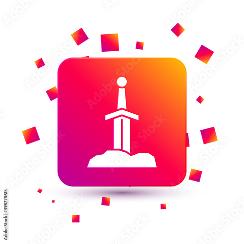 White Sword in the stone icon isolated on white background. Excalibur the sword in the stone from the Arthurian legends. Square color button. Vector.