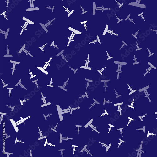 White Sword in the stone icon isolated seamless pattern on blue background. Excalibur the sword in the stone from the Arthurian legends. Vector.