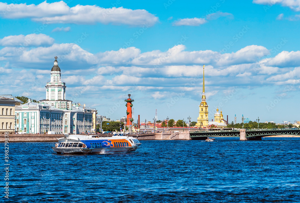 Saint Petersburg. Kunstkamera, Rostral column, Peter and Paul fortress, Neva river .