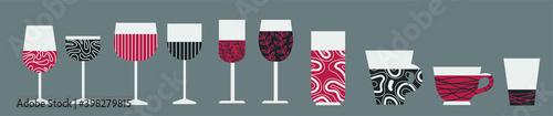 vector set of wineglasses and cups with abstract content