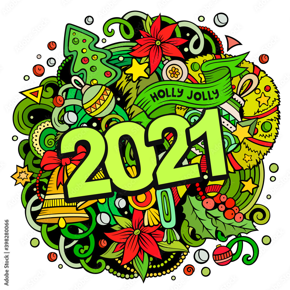 Fototapeta premium 2021 hand drawn doodles illustration. New Year objects and elements poster