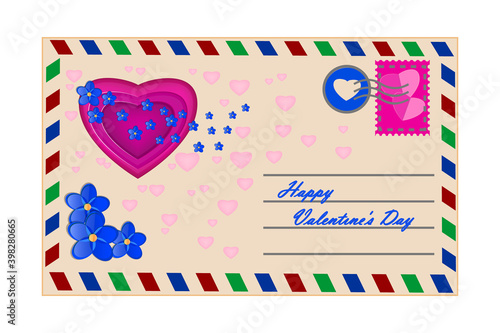 Valentines day envelope isolated on white background. Love letter with paper heart and blue flowers. Retro airmail envelope with stamp, front view.Paper cut art.Valentines day card.Vector illustration