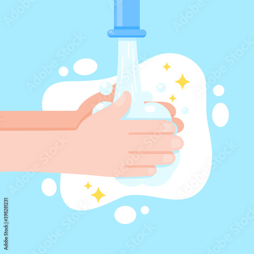 Vector comics hand washing with soap and water to kill viruses.
