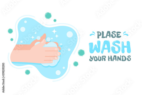 Vector comics hand washing with soap and water to kill viruses.