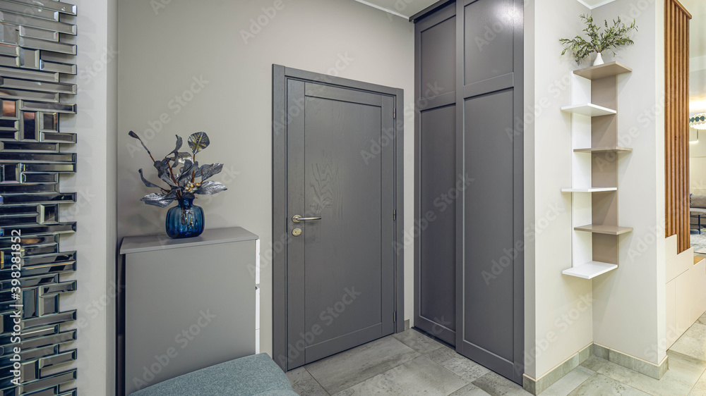 Fototapeta premium Entrance door and wardrobe in luxury apartment. Moden interior. Grey colors. Decorative flower.