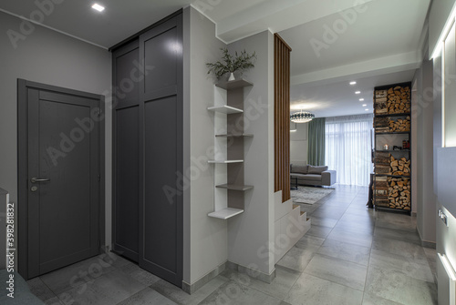 Contemporary interior of luxury studio apartment. Entrance door. Logs on shelves. Home decor. Living room.