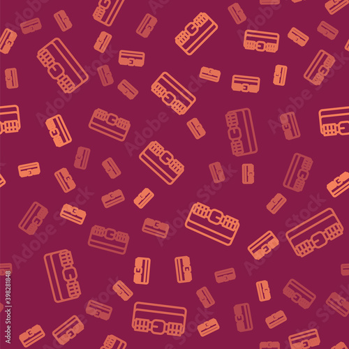 Brown line Hunting cartridge belt with cartridges icon isolated seamless pattern on red background. Bandolier sign. Hunter equipment, armament. Vector.
