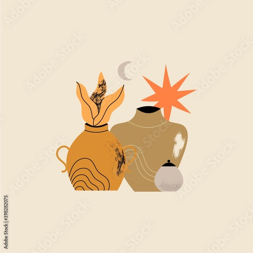 Ancient antique greek style pottery or amphora with floral and abstract shapes elements isolated for print and other decoration. Clayware crafting hobby, online classes, handmade pottery concept.