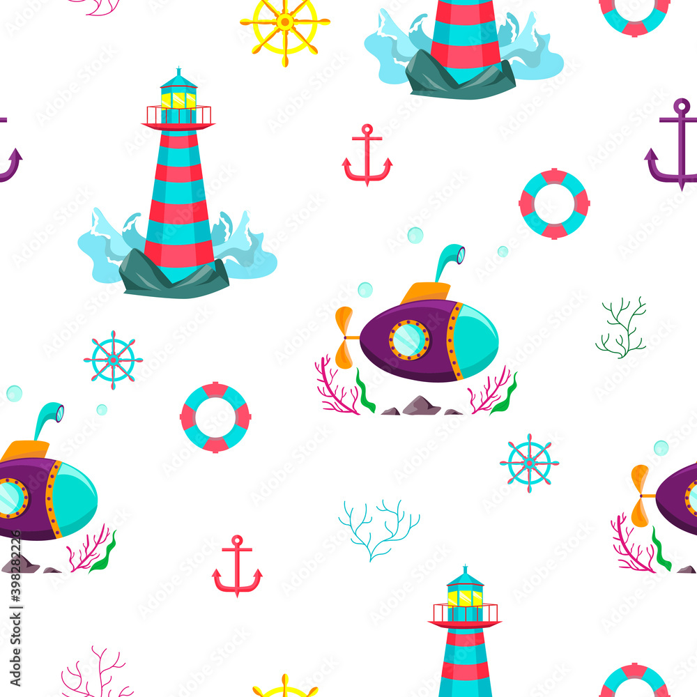 Cartoon pattern. Lighthouse, submarine, lifebuoy. Marine theme. Vector illustration.