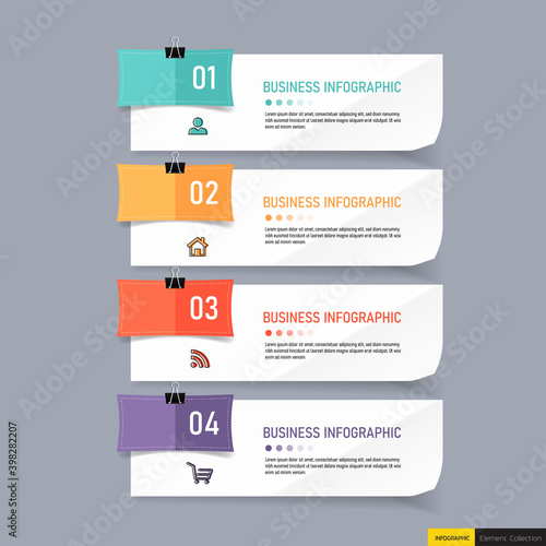 Text box design with note papers. Infographic presentation 4 steps.	
