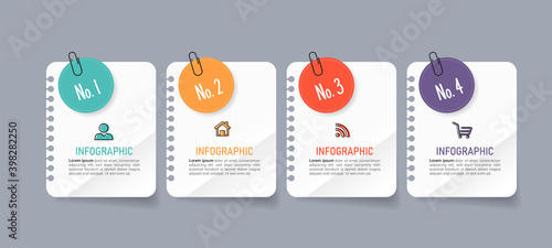 Text box design with note papers. Infographic presentation 4 steps.	
