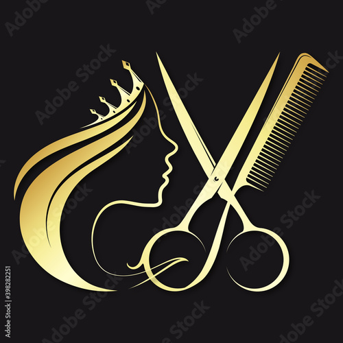 Golden beautiful profile girl with crown hairstyle and scissors with comb