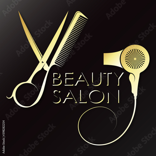 Golden scissors and comb with hairdryer symbol for beauty salon