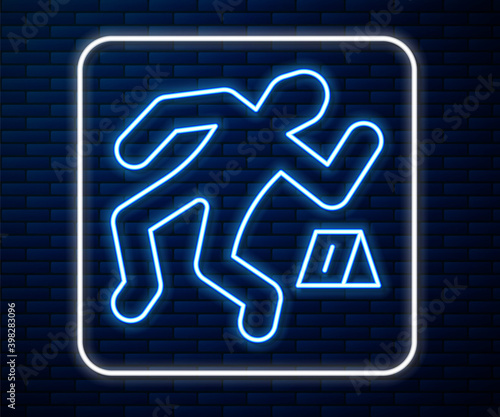 Glowing neon line Crime scene icon isolated on brick wall background. Vector.