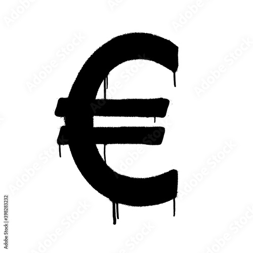 Sprayed euro icon with overspray in black over white. Graffiti vector illustration.