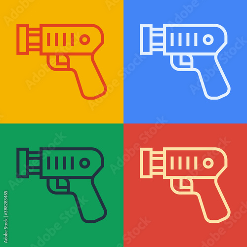 Pop art line Police electric shocker icon isolated on color background. Shocker for protection. Taser is an electric weapon. Vector.