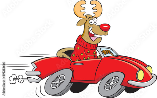 Cartoon illustration of a reindeer driving a convertible sports car.