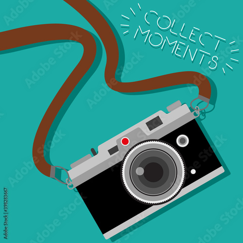Vintage camera on color background. Retro style toned picture. Minimalist concept. Retro camera with strap. Photos. Collect moments. Vector illustration.