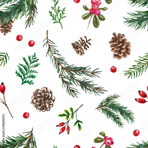 Winter evergreen plants and berries seamless pattern. Watercolor forest greenery on white background. Pine tree branches, pine cones. Holiday festive print. Christmas wallpapers.